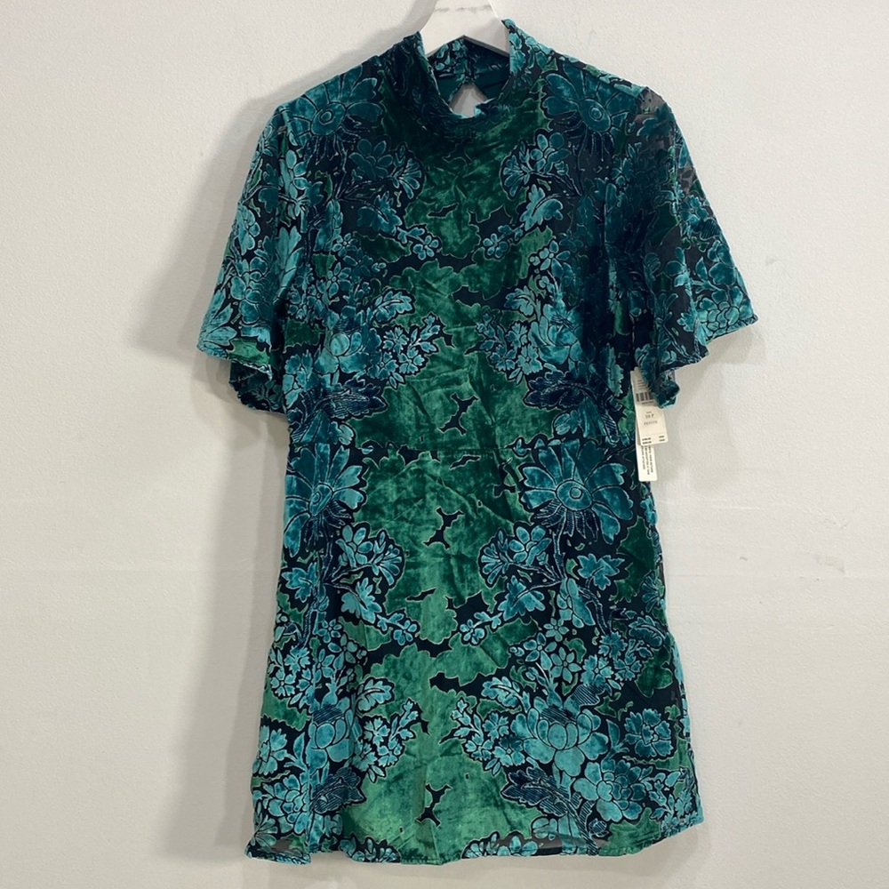 Anthropologie Teal & Emerald Velvet Floral Mini Dress